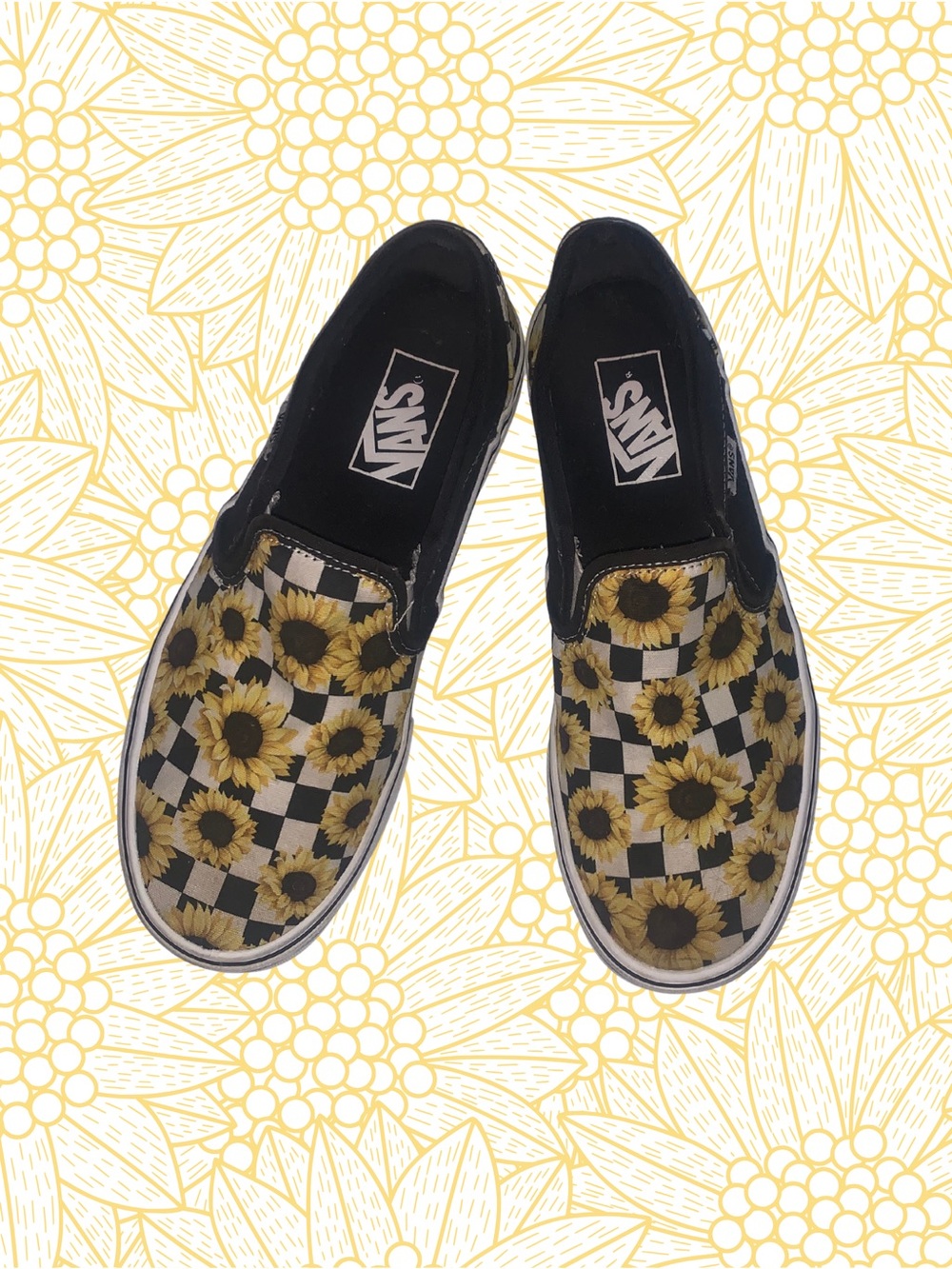 Vans Black and Yellow Sunflower Checkerboard Slip-On Sneakers